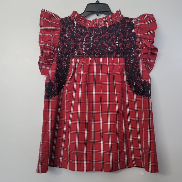 J.Marie Rayna Embroidered Plaid Cap Sleeve Ruffle Neck Top - Picture 9 of 13